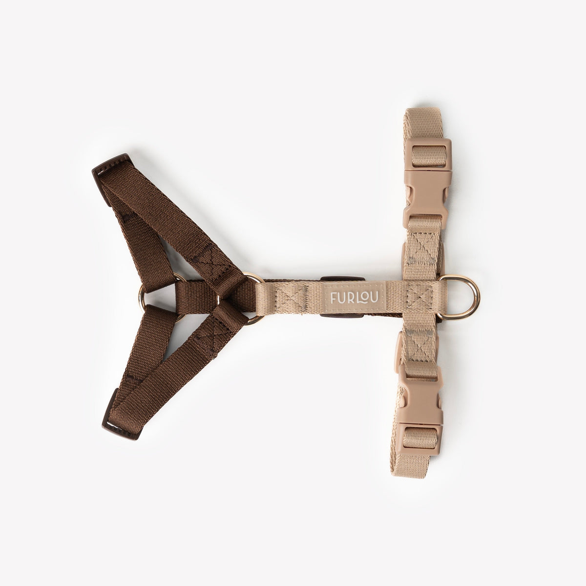 Adjustable strap dog harness in brown and tan