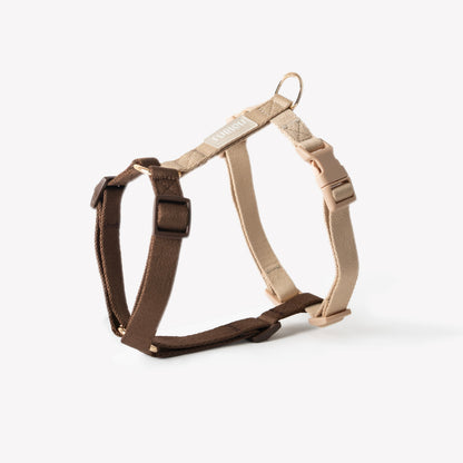 Adjustable strap dog harness in brown and tan
