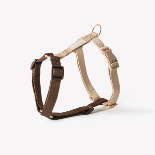 Adjustable strap dog harness in brown and tan
