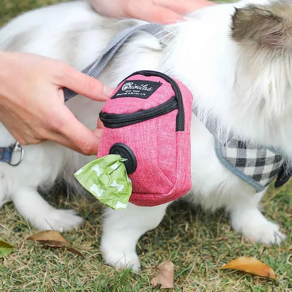 Dog treat pouch with built-in poop bag dispenser